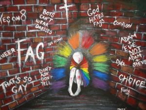 Illustration of human shaped person surrounded by LGBTQ+ slurs