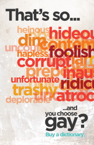 Word cloud of synonyms for words like foolish, corrupt, trashy, ridiculous. Bottom reads