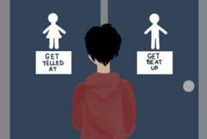 Illustration bathroom signs reading "[Ladies Symbol] Get Yelled At" and [Mens Symbol] "Get Beat Up"