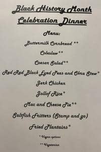 Menu created for the Black History Month Dinner